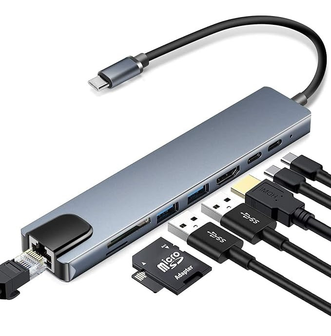 USB C Hub (8 in 1 Multifunction Adapter for MacBook & Windows) / USB Docking Station / 4K HDMI, HDTV, SD/TF card, RJ45, USB C