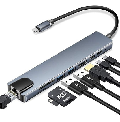 USB C Hub (8 in 1 Multifunction Adapter for MacBook & Windows) / USB Docking Station / 4K HDMI, HDTV, SD/TF card, RJ45, USB C