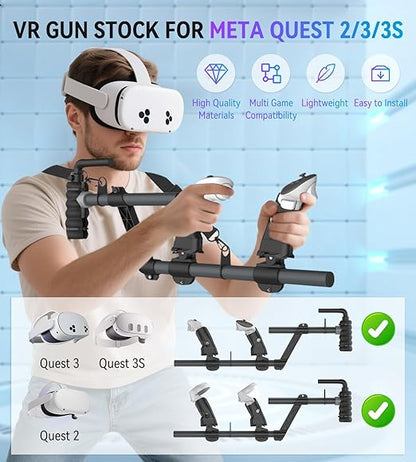 VR Gun Stock for Meta Quest 3/Quest 3S, Compatible with VR Meta Quest 2, Magnetic Gunstock Rifle Adapter with Shoulder Strap for Enhance Stability