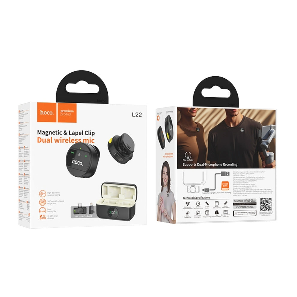 HOCO L22 Dual Wireless Lavalier Microphone – Noise Reduction, Plug & Play