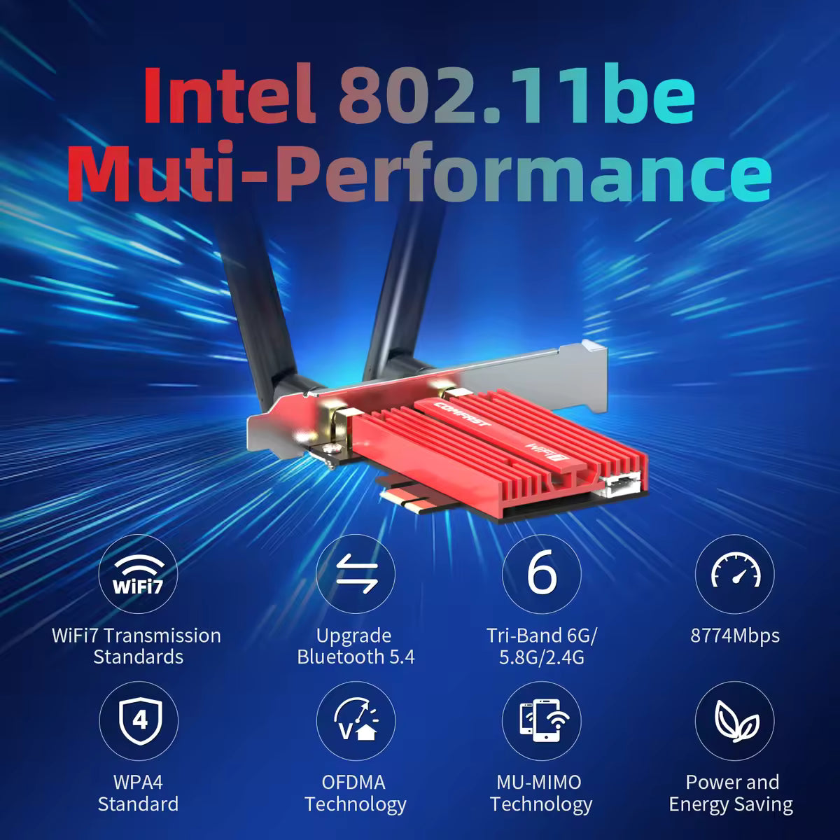 Comfast 8774Mbps WiFi 7 Intel BE200 Pcie Wireless Wifi Adapter Bluetooth 5.4 Tri Band 2.4G/5G/6GHz Wifi7 Card Win10/11 Linux